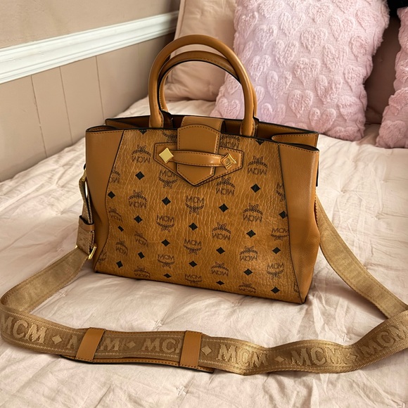MCM Handbags - MCM Cognac/Gold Visetos Logo Satchel with Detachable Strap